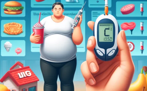 An image depicting the relationship between obesity and diabetes. Show an overweight person holding a sugary drink in one hand and a glucose monitor