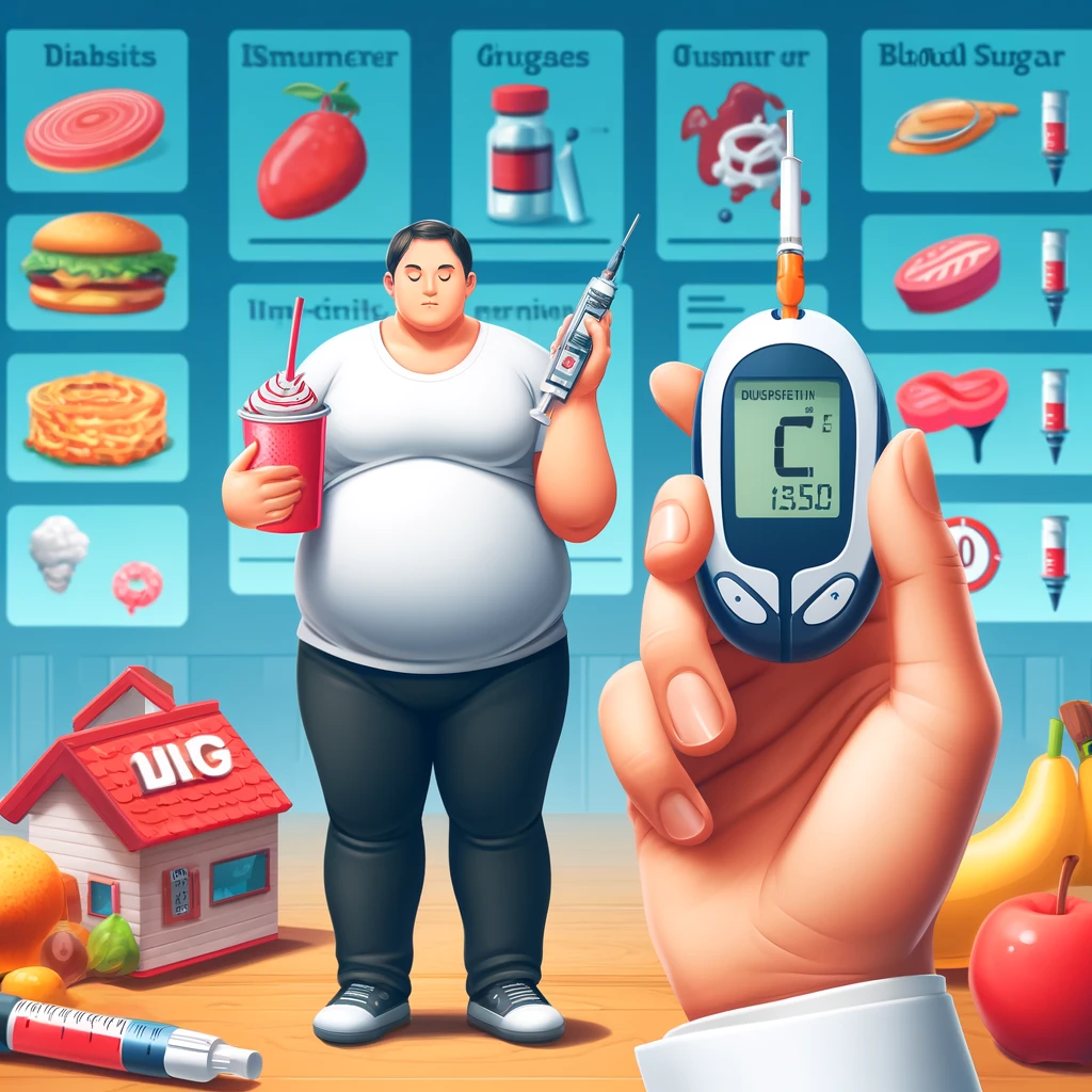 An image depicting the relationship between obesity and diabetes. Show an overweight person holding a sugary drink in one hand and a glucose monitor