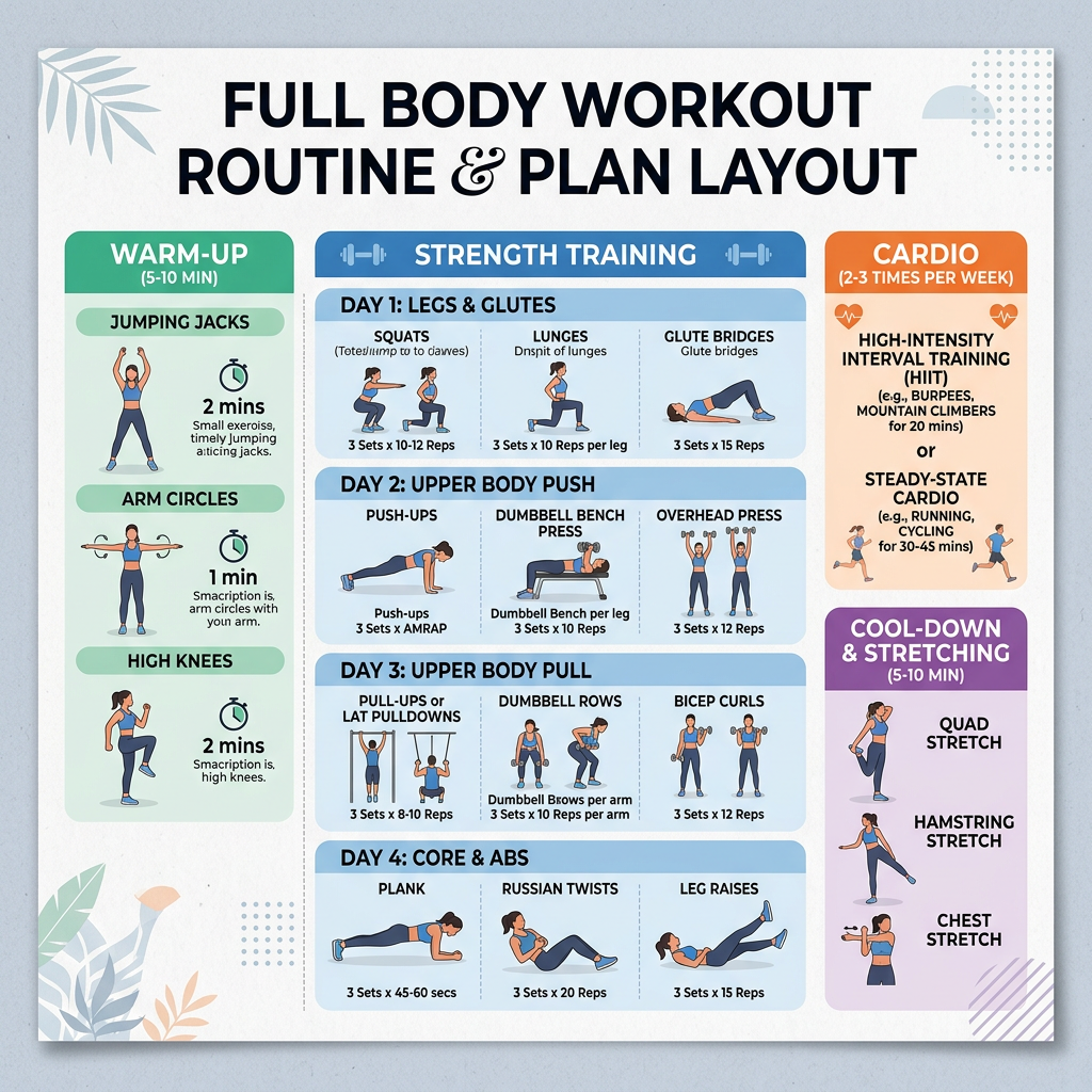 Full body workout plan with exercises for warm-up, strength training, cardio, and cool-down
